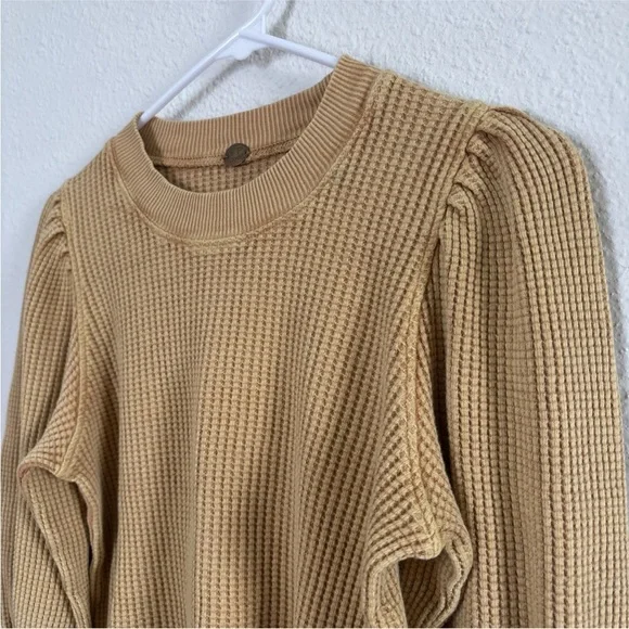 Free People FP One Womens Top XS Mustard Tasha Waffle Thermal Long Puff Sleeve - Picture 4 of 10